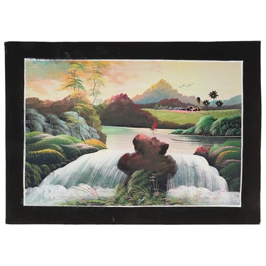 Pradip Acrylic Painting on Paper India Landscape Vintage Waterfall Sun 