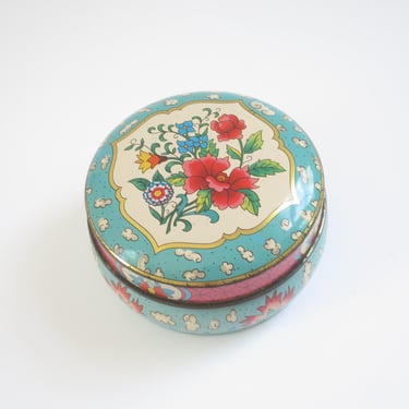 Round Daher Tin Box, Pink and Aqua Blue Floral and Flourish Pattern, Small Trinket Storage, Stocking Stuffer Gift 