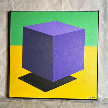 Purple Cube with yellow and green Pop Art Acrylic Geometric Signed Painting on Canvas by NYC Artist Bob Box or the 80s band The Shirts 