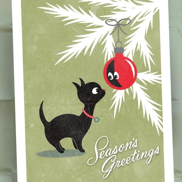 Seasons Greetings - Vintage Style Holiday Cards - Christmas Kitty Under the Tree - Black Cat / Set of 20 