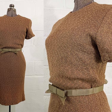 Vintage 60s Lace Wiggle Dress Bow Belt Short Sleeve Brown Wedding Party Cocktail New Year's Evening 1960s Small XS 