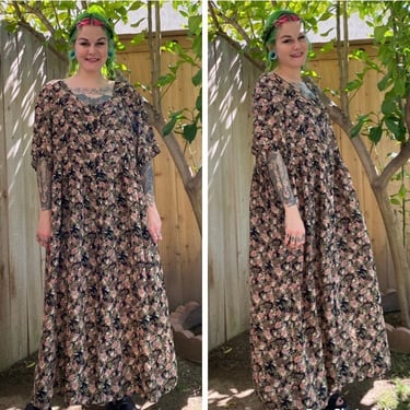 Vintage 1990’s Black, Green and Pink Floral Chiffon Dress 