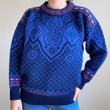 Vintage 90s Dale of Norway Blue Fair Isle Wool Nordic Scandinavian Sweater Sz M 