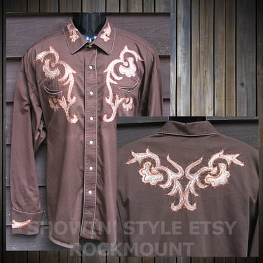 Rockmount Ranch Wear Vintage Western Retro Men Cowboy Rodeo Concert Shirt Brown with Embroidered Floral Designs XXLarge (see meas. photo) 