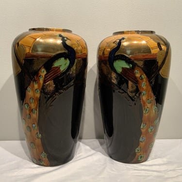 Pair Antique Thomas Forester Sons Art Nouveau Peacock Rising Sun Vases, gifts for peacock lovers, bird lover decor, entryway vases 