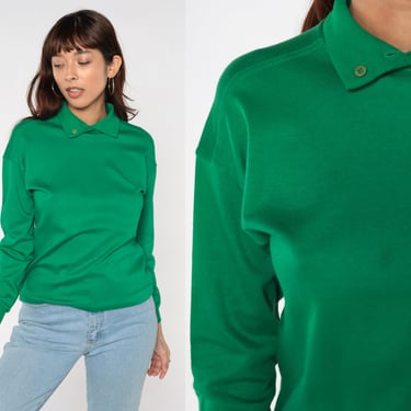 Green Polo Shirt 80s Benetton Collared Top Long Sleeve T-Shirt Plain Preppy Retro Tee Basic Casual Blouse Vintage O12 1980s Small S 