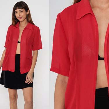 Open Front Blouse 90s Semi-Sheer Red Shirt Short Sleeve Collared Cardigan Top Retro Summer Simple Plain Basic Vintage 1990s Secret Medium M 