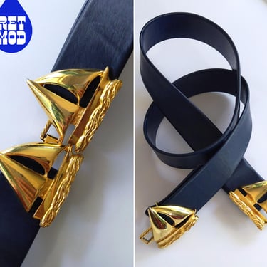 Cute Sailboats Buckle Vintage 70s Navy Blue Adjustable Belt 