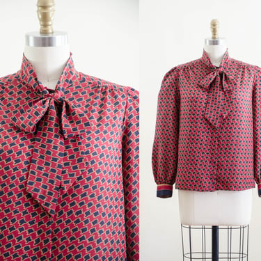 bow tie neck blouse | 80s vintage Sassoon red navy geometric pattern lantern sleeve silky bowtie ascot dark academia vintage blouse 