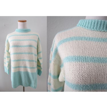 Vintage Striped Sweater - 80s Pastel Blue & White Soft Pullover - Slouchy Oversize Fit - Size Large - Diane von Furstenberg 