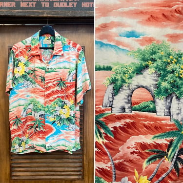Vintage 1950’s Size L “Pali” Tropical Island Scenic Rayon Hawaiian Shirt, 50’s Beach Shirt, Vintage Clothing 