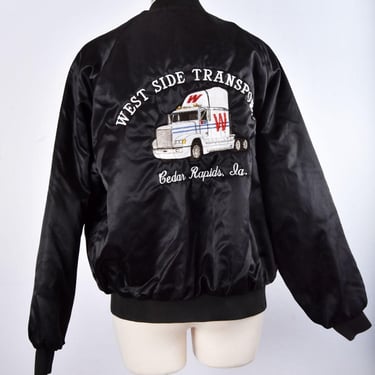 80's Black Satin Trucker Jacket KING LOUIE Bomber Baseball Coat, 47