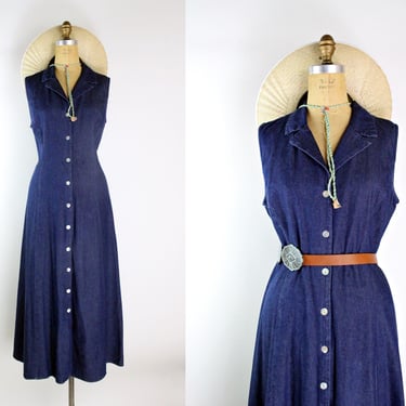 80s Sleeveless Dark Jean Dress / 90s Jean Dress / Size L/XL 