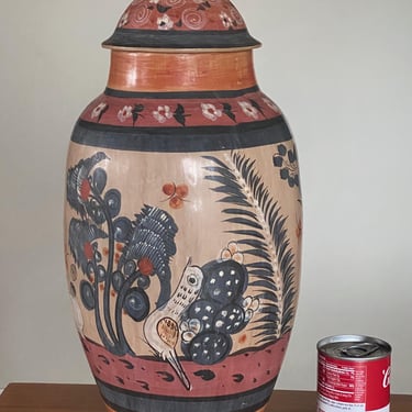 Vintage Mexican Tonala Pottery Large Vase Urn With Lid 