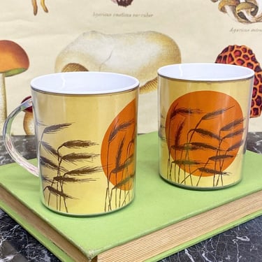 Vintage Mug Set Retro 1970s Bohemian + Harvest Wheat + Clear Plastic Frames + Set of 2 Matching + Coffee or Tea + Boho Kitchen + Drinking 