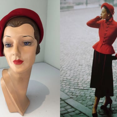 Parisian Cloud Covered Days - Vintage 1940s 1950s True Red Wool Felt Sculpted Caplet Hat 