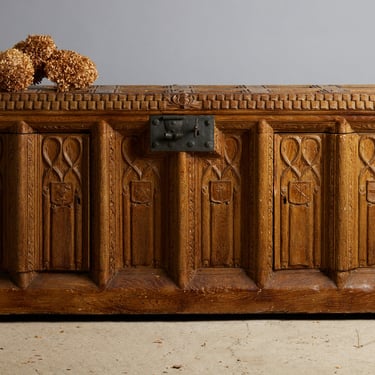 English Cabinet in the Shape of a Coffer Made out of an Old Abbey Paneling