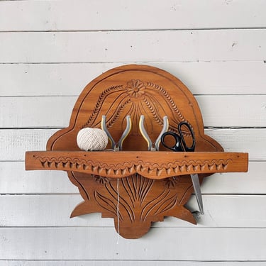 Wall Hung Wooden Shelf Rack Vintage Spoon Carved Mexican Small Organizer Tool Shelf Floral Craft Room Kitchen Paintbrushes Scissors Rustic 