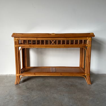 Vintage Two - Tier Rattan and Leather Console Table 