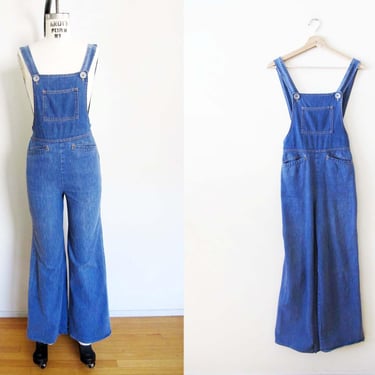 Vintage 70s Women Denim Overalls XXS Petite - 1970s Blue Jean Wide Leg Bell Bottom Overall Jumpsuit - Bohemian Hippie Clothing 
