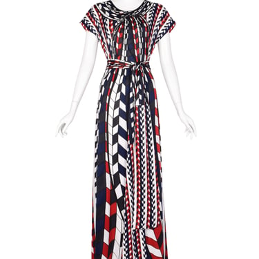 Roberta di Camerino Vintage 1978 Red Blue Black White Op Art Trompe L'oeil Maxi Dress