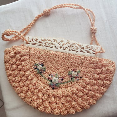 Exquisite Little Hand Crocheted 20s/30s Bag With Plastic Handle and Flowers 