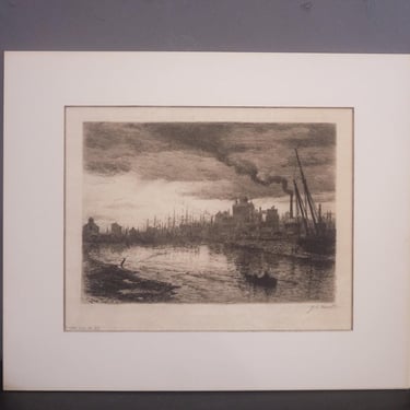 Antique 1884 Etching by J.C. Nicoll  |  Sunrise Near the City  | Maritime Industrial Scene   | Signed Dated 