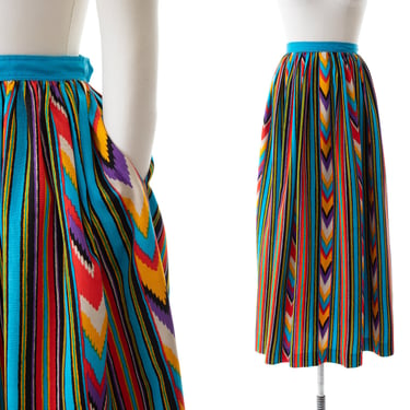 Vintage 1970s Maxi Skirt | 70s Ikat Striped Rayon Faille Colorful High Waisted Full Skirt with Pockets (small) 
