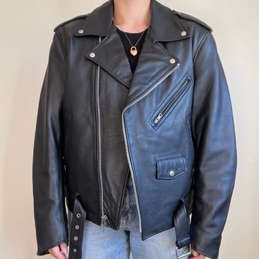 Vintage 90s NWOT FMC Mens Black 100% Leather Biker Moto Grunge Jacket Sz L 