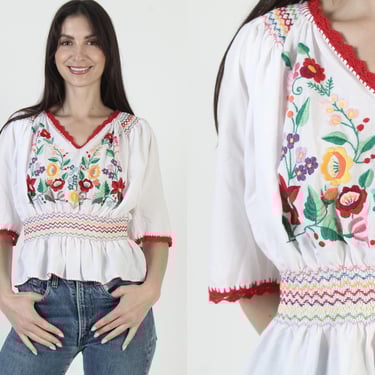 White Mexican Tunic, Vintage Floral Hand Embroidered, Authentic Made In Mexico. Festival Fiesta Blouse 
