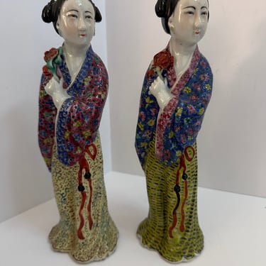 Vintage Geisha Statues Porcelain Asian Kutani Chinoiserie Decor 
