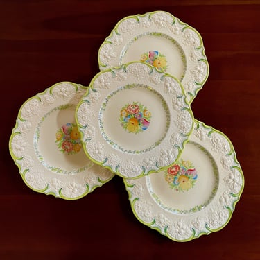 4 Vintage Crown Ducal High Relief, Hand Painted Earthenware Dinner Plates - Springtime pattern, 1915 to 1925, Floral, Embossed, Scalloped 