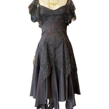 1980s prom dress, black lace, vintage 80s dress, nuance, hankie hem, stevie nicks, flutter sleeves, small, gold glitter 