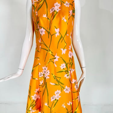 Sarmi Orange Floral Silk Inverted Pleat Skirt Sleeveless Dress 1960s
