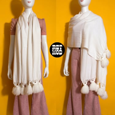 HUGE & Fabulous Vintage 70s White Woven Wool Scarf with PomPom Tassels 