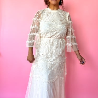 Lace High-Neck Bell-Sleeve Bridal Dress, sz. L/XL