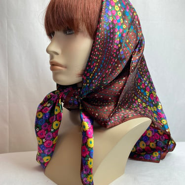 1960’s Beautiful X large square vintage scarf hand rolled bright tiny flowers dark brown pop of color retro headscarf neckerchief 