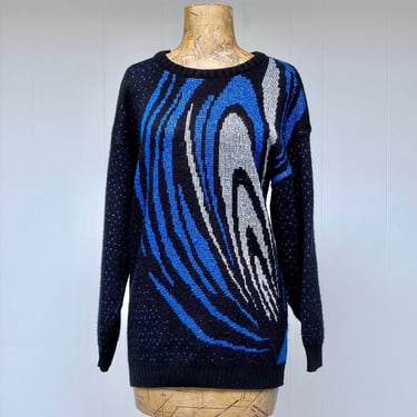 Vintage 1980s Black w/ Blue and Silver Metallic Geometric Swirl Sweater, Slouchy New Wave Acrylic Pullover, Small-Medium 