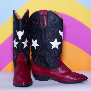 Vintage Red and Black Western Boots with Stars | Size 8 