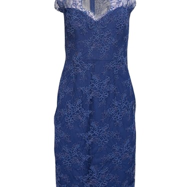 Monique Lhuillier - Blue Sleeveless Floral Embroidered Lace Sheath Dress Sz 6