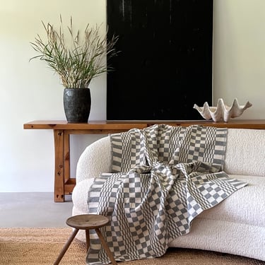 Vintage Cream Grey Patterned Throw Blanket | Cotton Blend Checkerboard Coverlet | 60" x 80" | BL105 