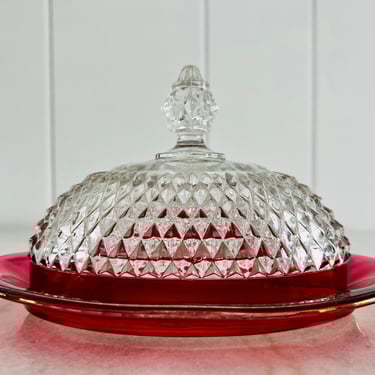 Vintage Indiana Glass Butter Dish, 1970s Ruby Flash/Cranberry glass with diamond point, for serving, display, farmhouse, cottage decor, gift 