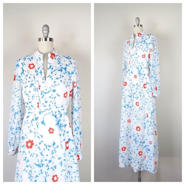 Vintage 1970s flower power floral maxi dress mod cotton hostess bold floral 
