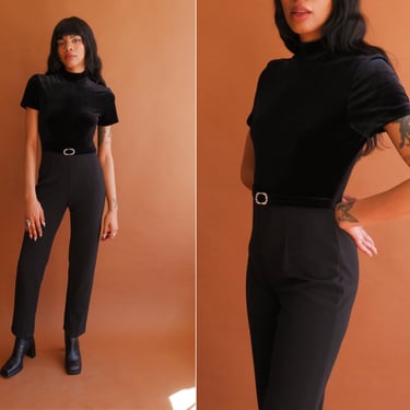 Vintage 90s Mock Neck Black Jumpsuit with Rhinestone Buckle/ Size Small Medium 