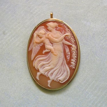Antique Edwardian 14K Yellow Gold Cameo Brooch Pin/Pendant, Unusual Old Carved Cameo With Angel and Cherub, Antique 14k Gold Cameo Pin #4648 