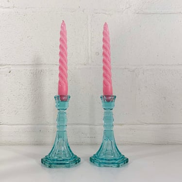 Vintage Glass Blue Candle Holders Pair Candlesticks Mid-Century Candleholder Wedding Candlestick Boho MCM Teal Faceted 1960s 