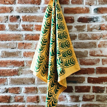 block printed tea towel. green maranta on yellow. organic flour sack cotton kitchen towel. hand printed. leaf. leaves. plant lady. plants. 