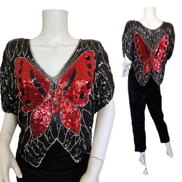 1980's Red Black Beaded Silk Sequin Butterfly Top I Shirt I Sz Med I Disco 