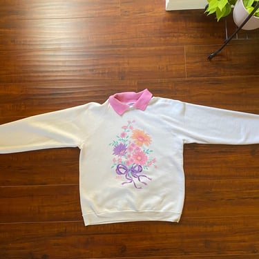 Vintage 1990’s White Sweatshirt with Floral Graphic and Pink Collar 