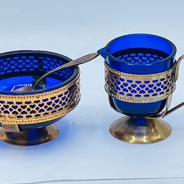 Vintage Pierced Gold Tone Metal Sugar Bowl & Creamer -cobalt blue glass liners 